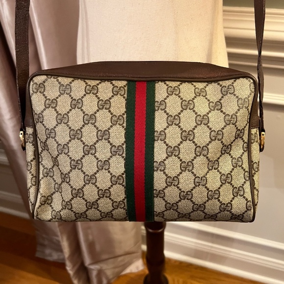 Vintage Gucci Coated Canvas Web Sherry Line Crossbody Shoulder Bag Brown Tan - Picture 7 of 16